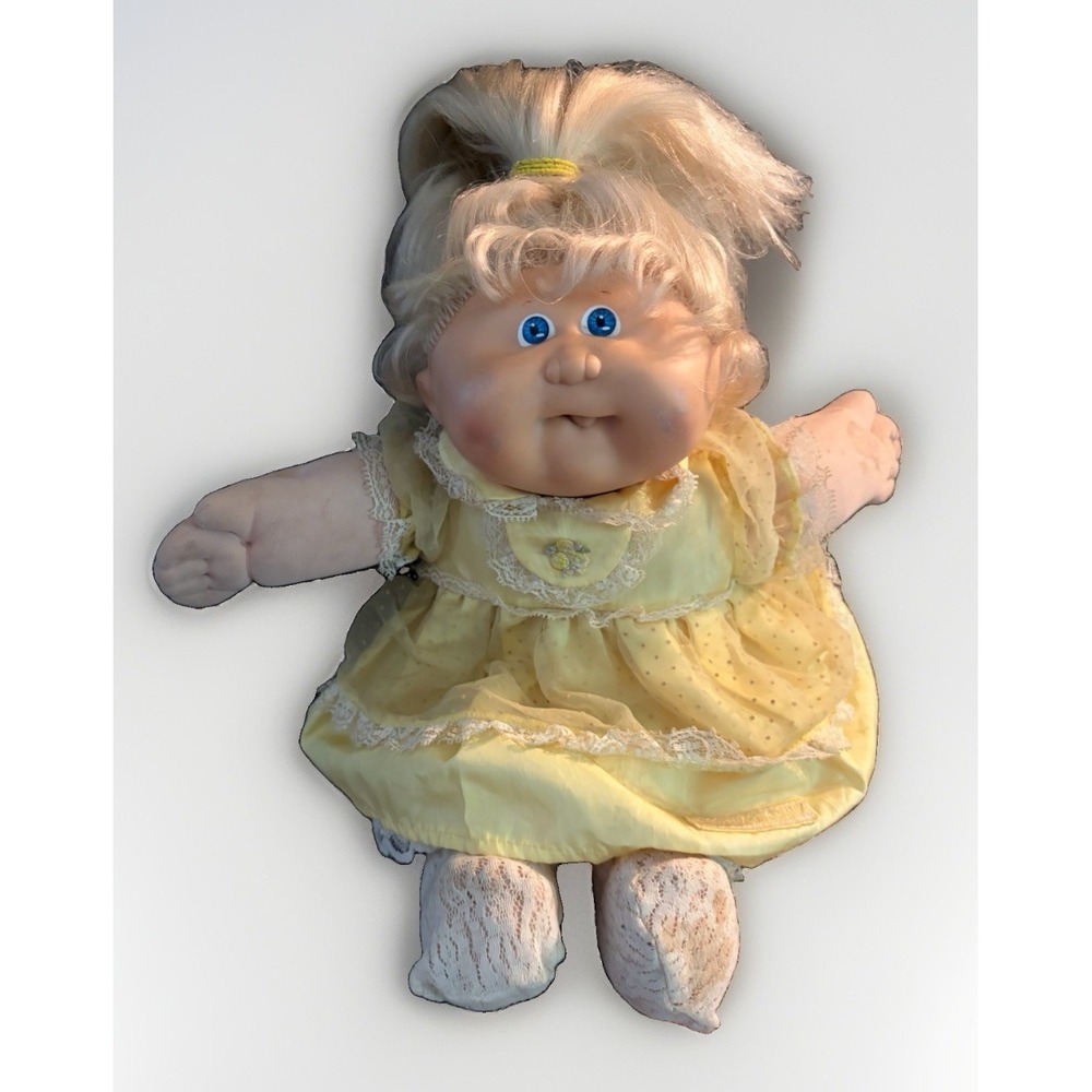 Vtg Cabbage Patch Kid Doll #18 Mold Green Sig Blonde Blue Eyes Yellow Dress